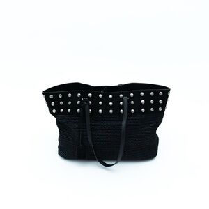 YSL Boucle Studded Black Raffia Leather Shopping Tote